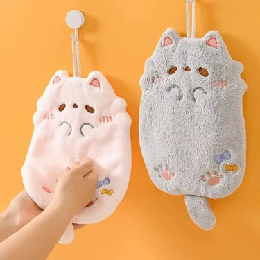 KittyNook Cat Co. Cute Cat Hanging Towels in pink and gray—ideal kitchen gifts for cat lovers.